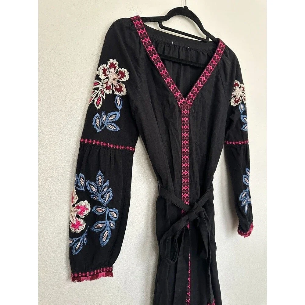 Tory Burch Therese Tunic Dress Embroidered Belted Black V-Neck Cotton Women's 2